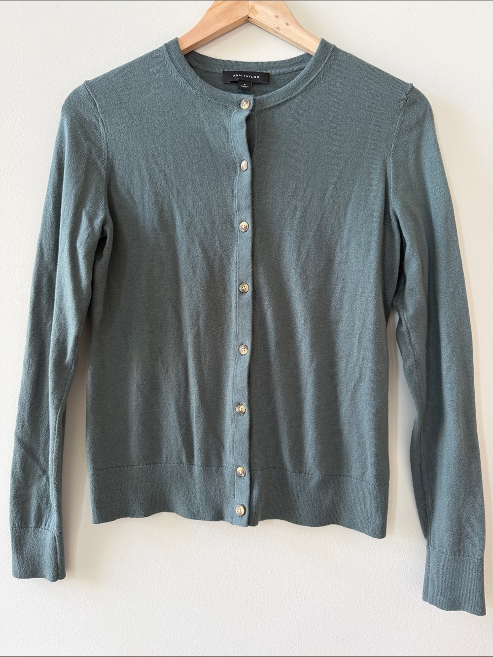 Ann Taylor Green Button-Up Crewneck Cardigan